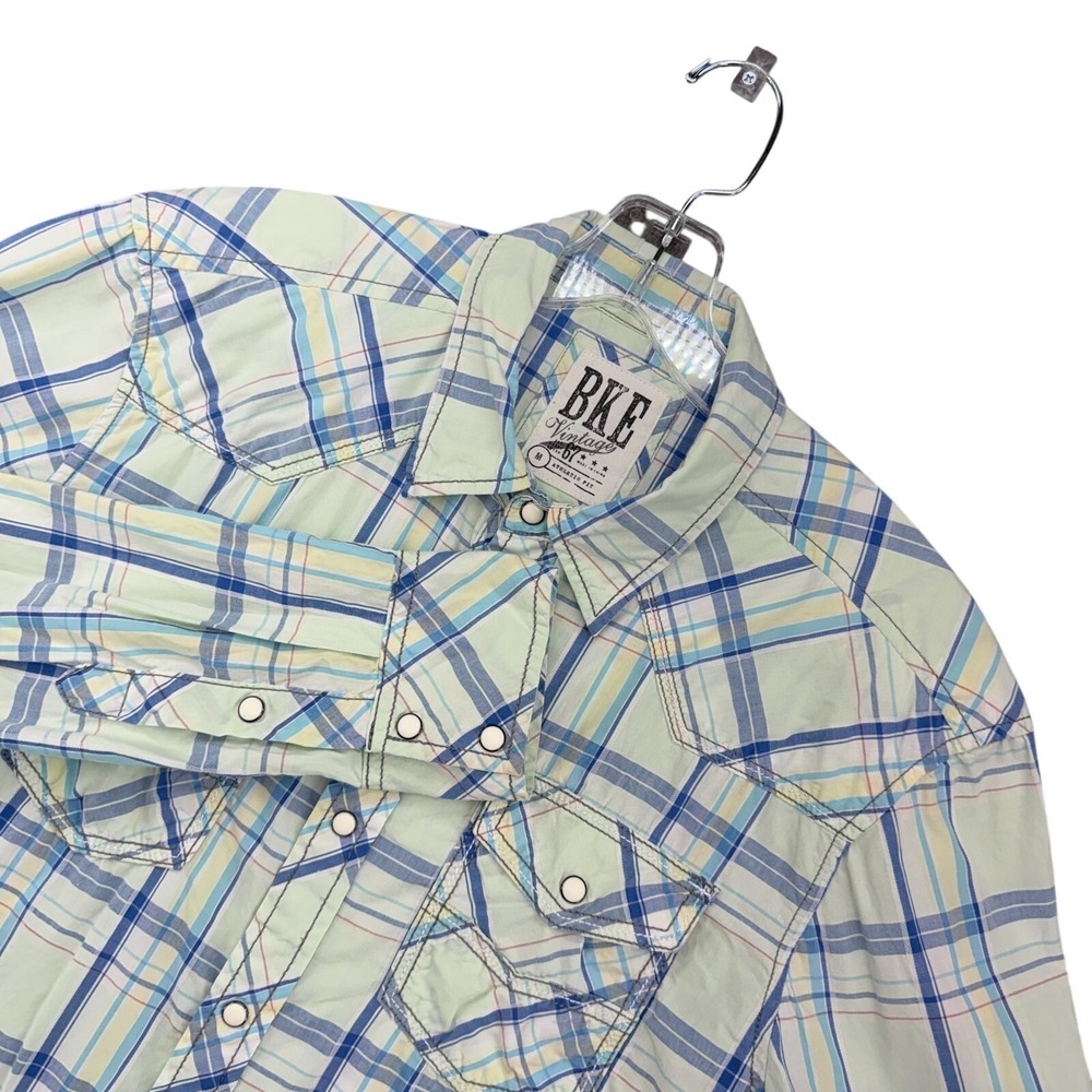 BKE Shirt Mens M Blue Plaid Western Pearl Snap Long Sleeve Athletic Fit Top